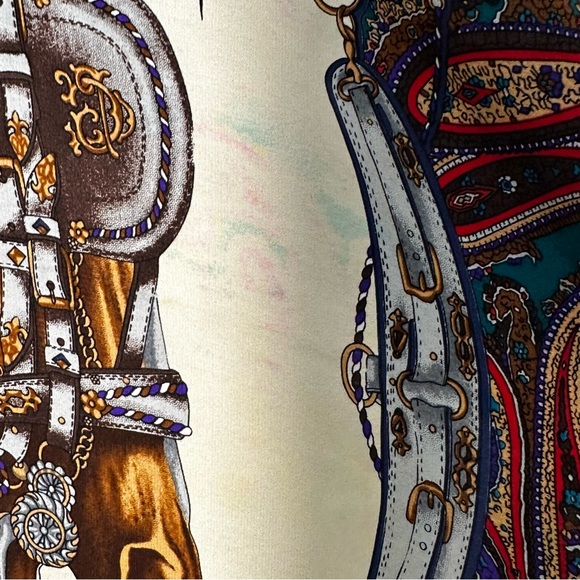 Equestrian Paisley Scarf Horse Motif Silk Feel 29x31 Blue Brown - Picture 6 of 6